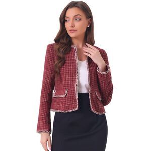 Plaid Tweed Blazer Long Sleeve Open Front Short Jacket Burgundy